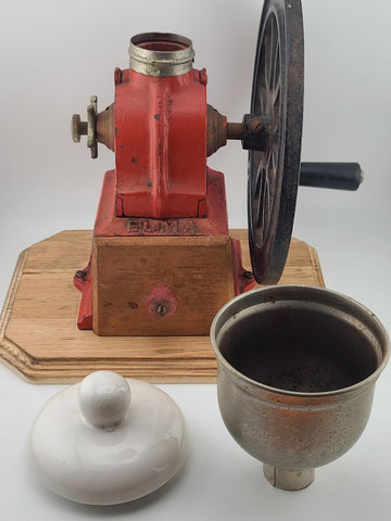 Vintage Elma Big Wheel Coffee Mill Grinder Cast Iron Wheel Mounted On Wood Base