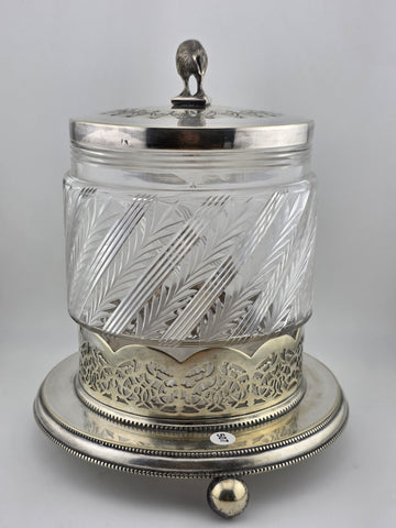 Rare 1880s Antique Hukin & Heath Biscuit Jar Cut glass & Silverplate W Kiwi Bird