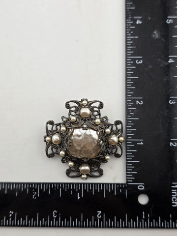 VTG 1950s Signed Miriam Haskell Brooch Pin 1 7/8 Filigree Faux Pearls Ornate