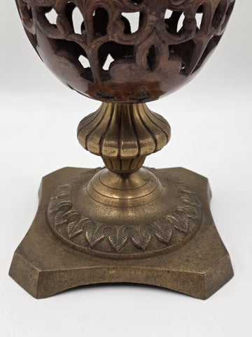Rare Antique Solid Brass/Cast Iron Two-Tone Lidded Filigree Cut Decorative Urn