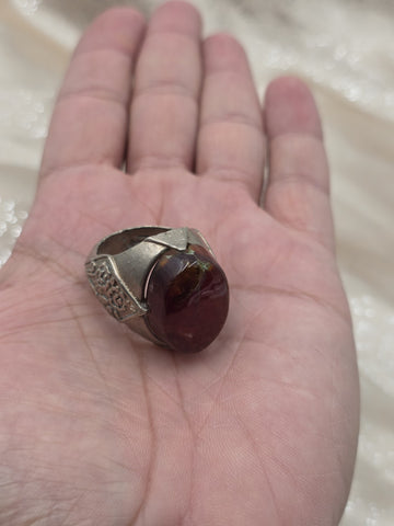 Antique Persian 925 Sterling Silver Dark Red Carnelian Agate Mens Ring Floral.