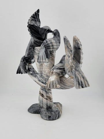 Gorgeous Vintage Marble Granite Dove Figurine, Set Of 5 Birds Statues On Branch.