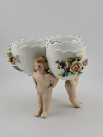 Antique Dresden Germany Porcelain Floral 3 Little Bowls w Figural Cherub Putti.