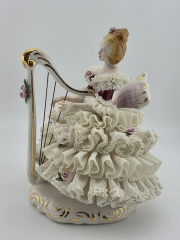 Antique C1930's Dresden Lace Porcelain Harp Lady Figurine Crown D Germany.