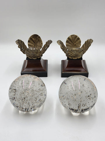 Rare Pair Of Antique Massive 6" Crystal Ball On Brass Leaves Bookends / Decor.