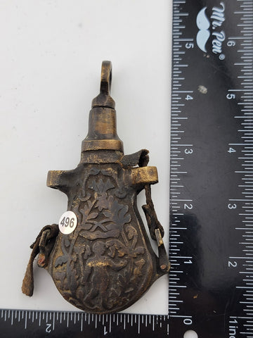 Rare 17-18th Century Heavy Bronze Powder Flask With Original Plug & Ring Hooks