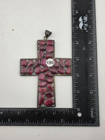 Antique Very Large Sterling Silver Garnet Cross Pendant W Purple Agate Stone.