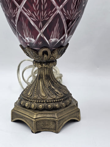 Pair Bohemian Ruby Red Crystal Lamp, Cut-to-Clear Czech Glass, Hollywood Regency