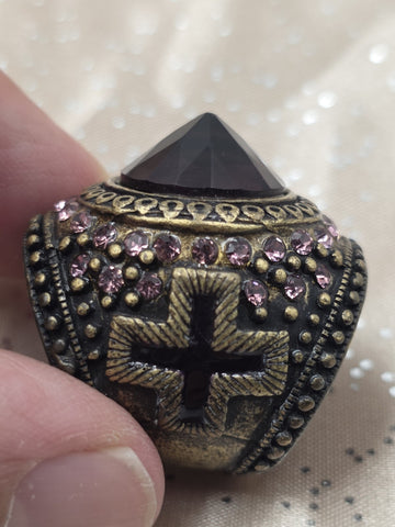 Rare Vintage Gothic Medieval Cross Ring Red Stone Rhinestone Statement Size 7.5