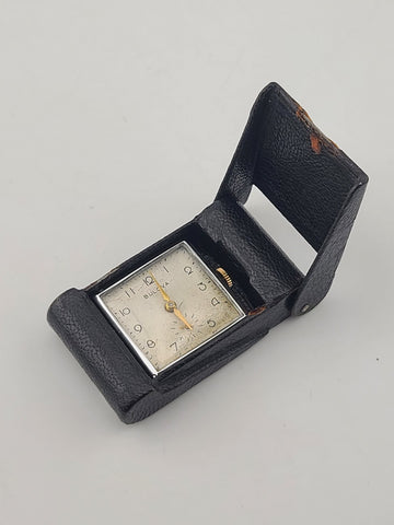 Antique Bulova 10AE In 1937 German Weppler Case Miniature Travel Clock. Works.
