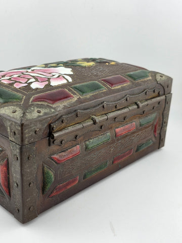 RARE ANTIQUE JAPANESE COPPER  BRASS-BOUND JEWELRY BOX W RAISED ENAMEL DECO MEIJI