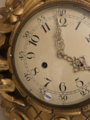 Antique Swedish Rococo Gold Gilt Wall Clock FHS Hermle Movement 1920s. Working.