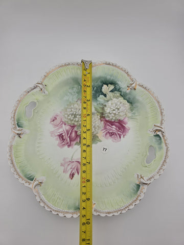 Antique R.S. PRUSSIA RED MARK PORCELAIN Plate w/ ROSES DECORATION & 2 HANDLES