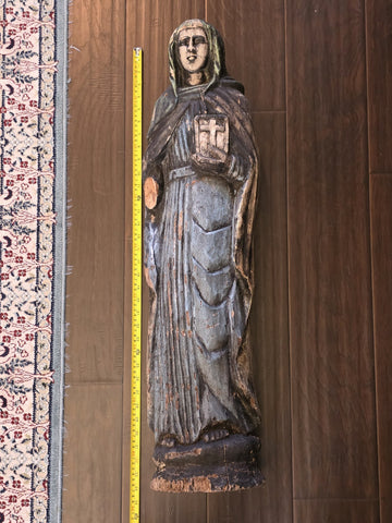 Antique 18th C XL Wooden Sculpture Of Virgin Marie Magdalene Hand Painted. 34 In