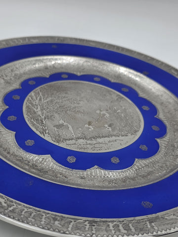 Set of 3 Antique Czech Silver Inlaid Blue Enamel Fairy Plates c.1910 Art Nouveau