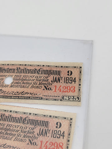 Norfolk & Western Railroad Co Gold Bond Coupons Stamps lot 4. $25 Issued 1894