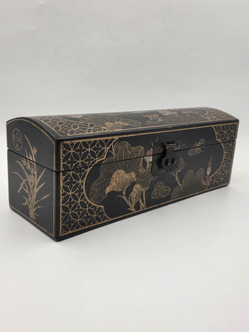 Rare Vintage Chinese Lacquer Scroll Box Gold Gilt Floral Birds Document Case