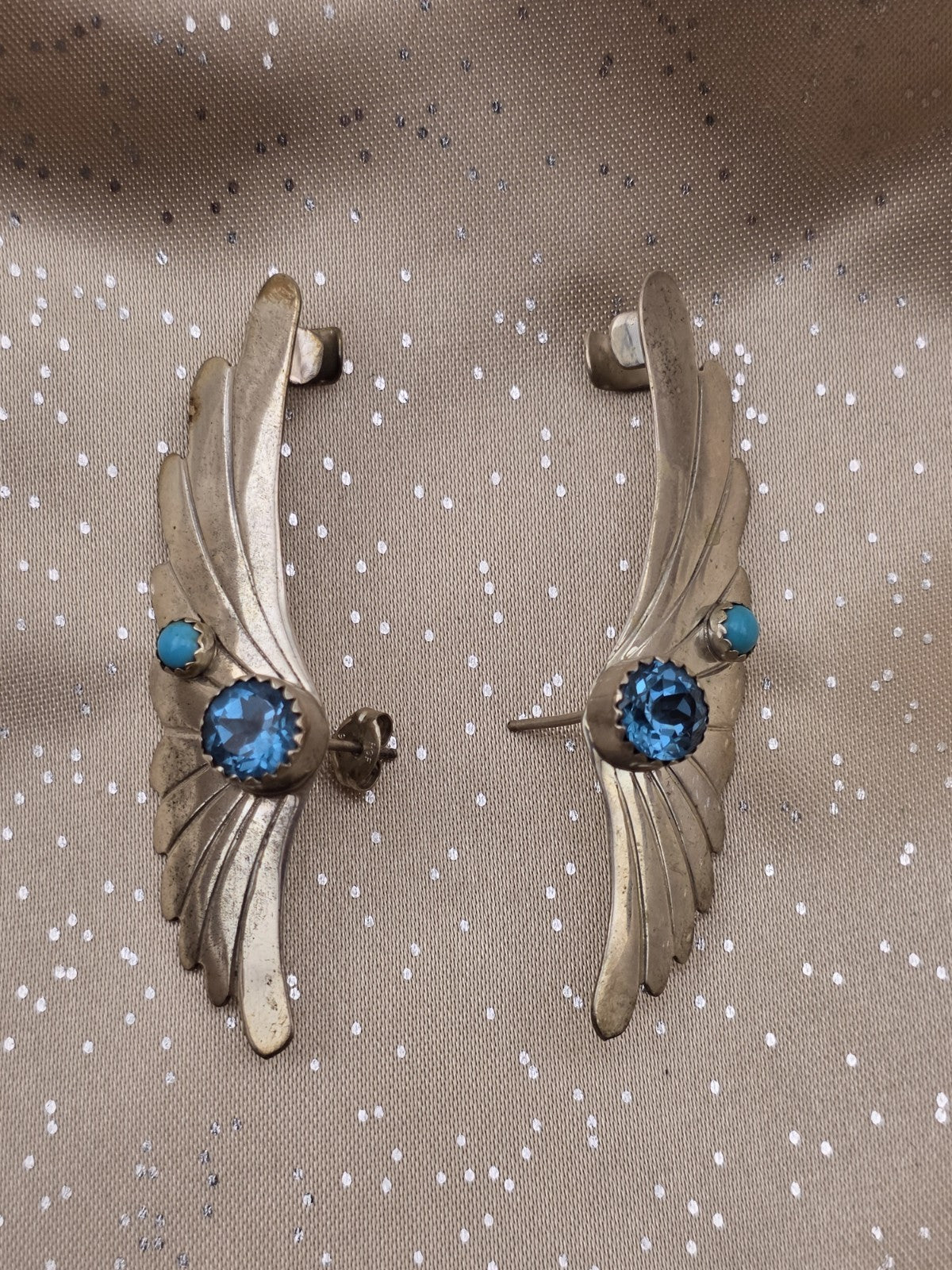Rare Vintage Sterling Silver Wing Earrings Turquoise Blue Topaz Stone R.B. 925