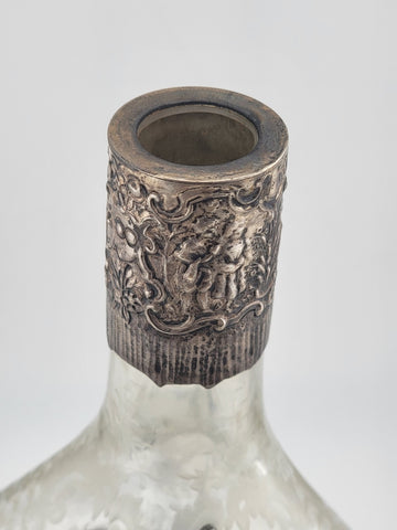 Rare 19th C German Hanau 800 Silver & Etched Crystal Stork & Sinsheimer Decanter