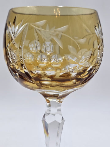 1 VINTAGE GRAPE AMBER GOLD CASED CUT CLEAR CRYSTAL 7 3/4" WINE SHERRY ROEMER