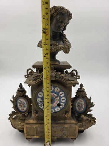 Private: 19th Century Brass & Porcelain Mantel Clock w Eight Day Movement. Works