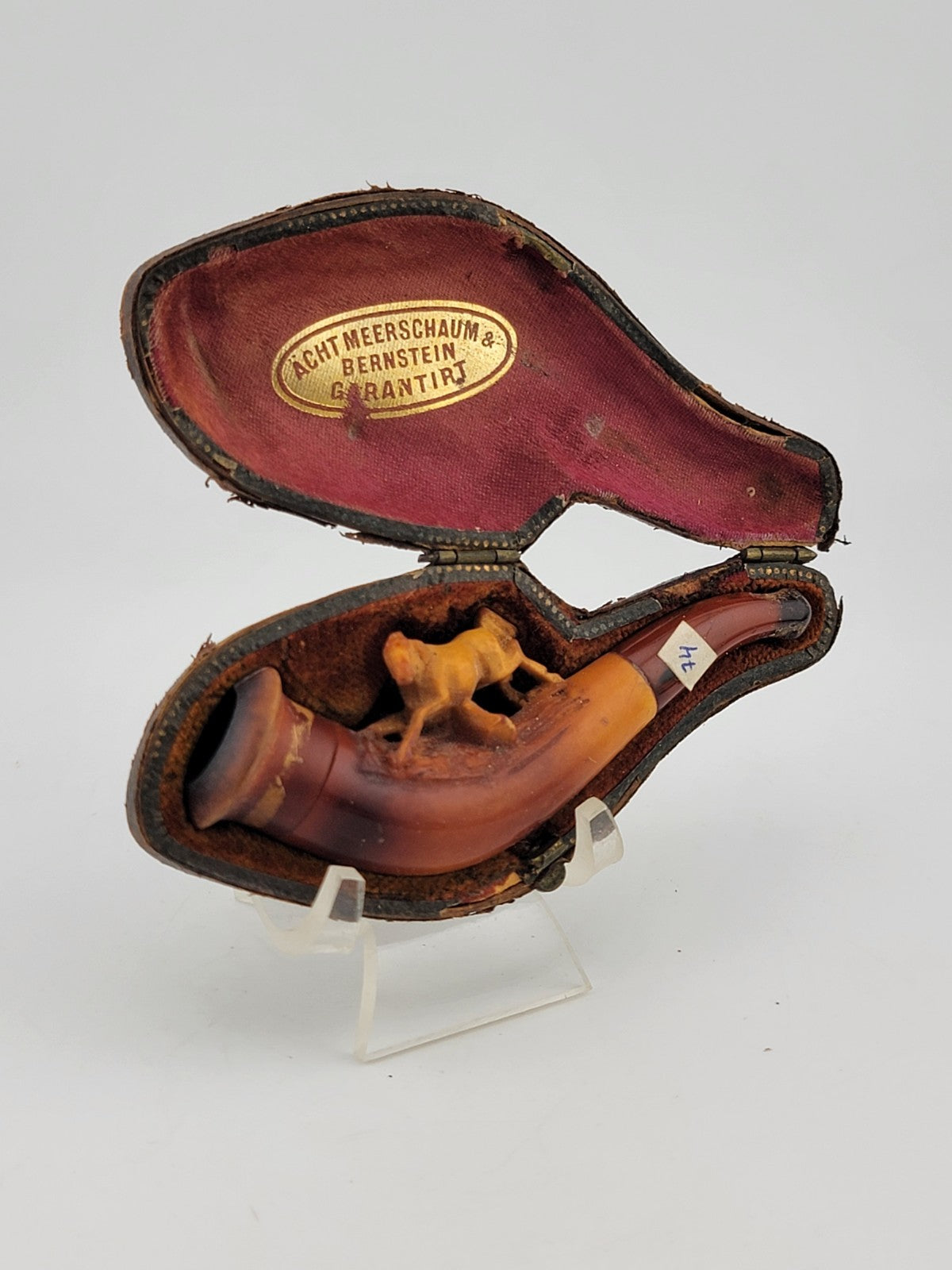 Antique 19th C ECHT German Meerschaum & Amber Pipe Horse Theme W Original Case.