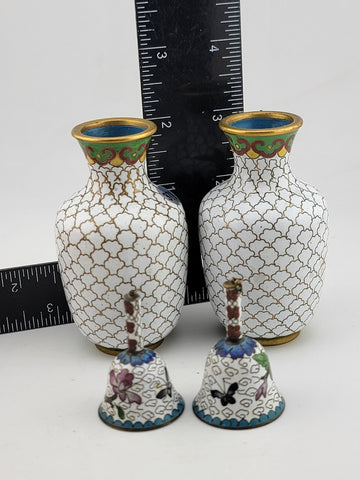 Gorgeous Assortment Of Mid Century  Cloisonne Including 2 VASES & 2 Baby Bells.