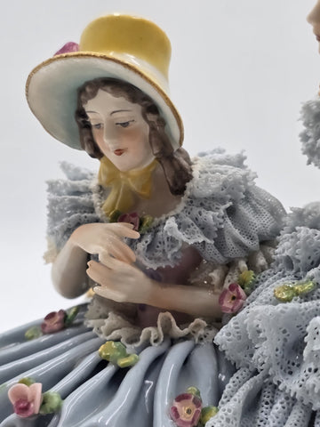 Antique German Dresden Lace Porcelain Figurine Two Ladies On Bench Volkstedt