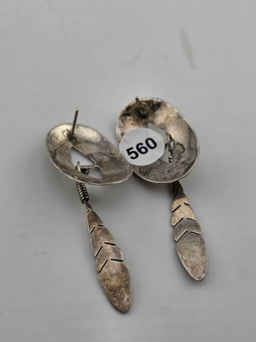Antique Native American 925 Sterling Silver Earrings Concho Feather Dangle