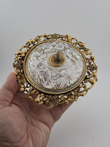 Antique Victorian Ormolu Cut Crystal Covered Vanity Dish W Floral Lid, C 1890.