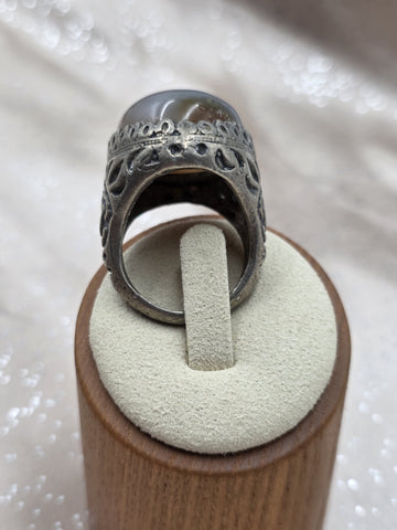 Antique Persian Islamic Silver Agate Men's Ring Ornate Middle Eastern Size 9