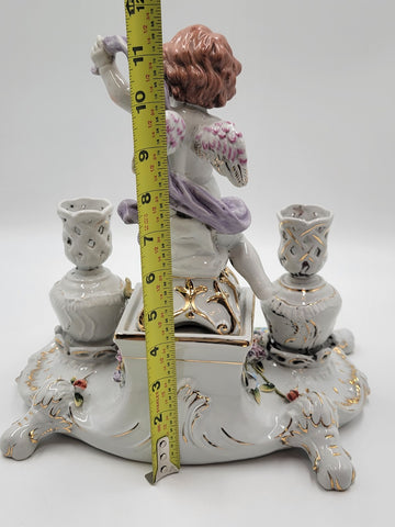 Rare Antique 19th C Porcelain Candle Holder Stand W Cherub & Flowers. Stamped.