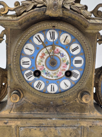 Private: 19th Century Brass & Porcelain Mantel Clock w Eight Day Movement. Works