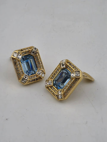 Vintage Christian Dior Blue Crystal Rhinestone Gold Tone Clip On EARRINGS Signed