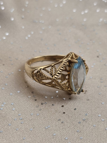 Antique 14K Solid Gold Blue Topaz Marquise Ring Filigree Estate Size 8 W Box.