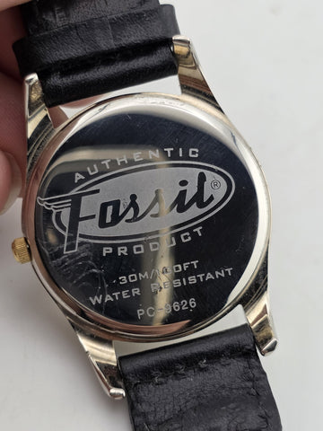 NIB Fossil PC-9626 Gold Tone Black Dial Quartz Watch Leather Strap 36mm