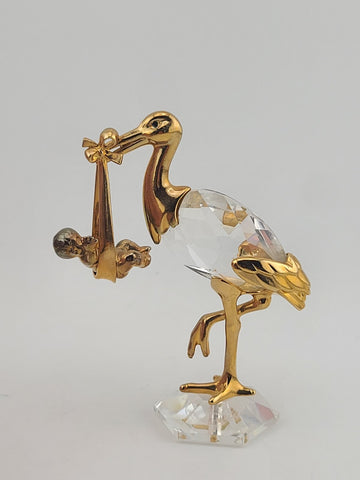 Rare Swarovski Crystal Stork Baby Figurine Gold Tone New Arrival Maternity Gift