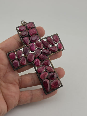 Antique Very Large Sterling Silver Garnet Cross Pendant W Purple Agate Stone.