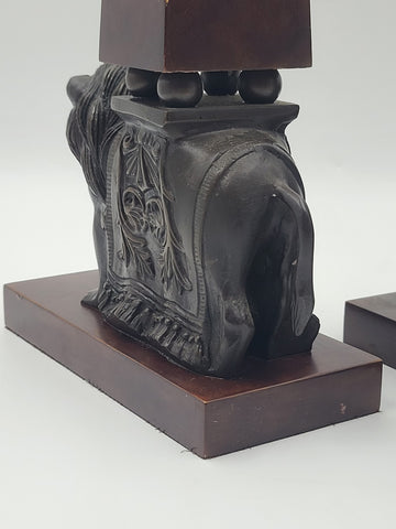 Rare 21" Wildwood Accents Bronze Lion Wood Obelisk Bookends Pair Neoclassical