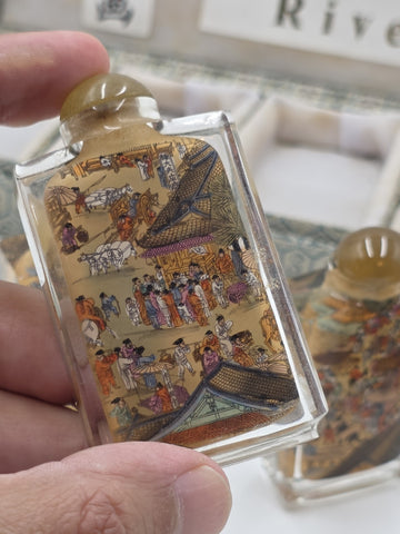 RARE RIVERSCENE CHINESE ASIAN PAINTED SET OF 6 SNUFF BOTTLES IN PRESENTATION BOX