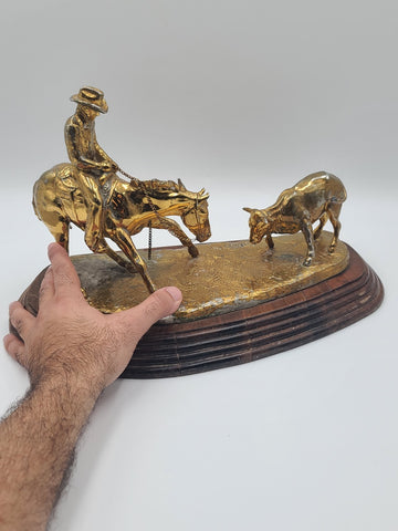 15 In Jim Reno Cutting Horse &Steer Rodeo Brass Trophy Sculpture Gold Color NCHA