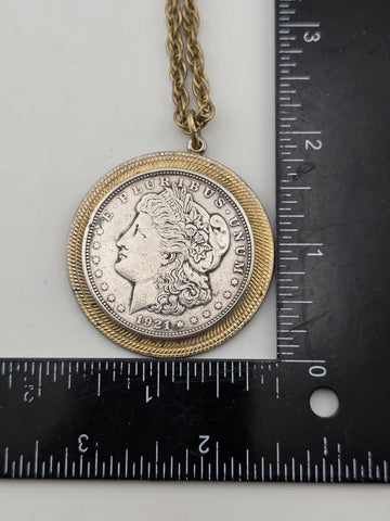Antique 1921 Morgan Silver Dollar Pendant & 24" Gold Plated chain.