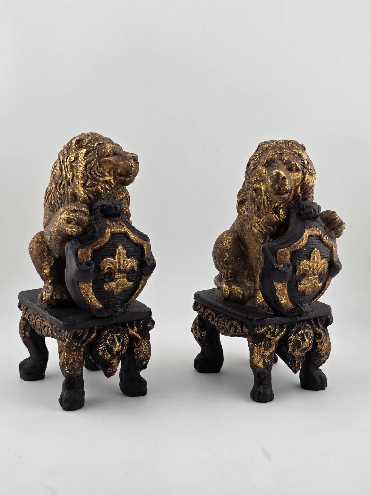 Pair Antique Carved Wood Heraldic Lions Bookends Fleur-de-Lis Shield Gold &Black
