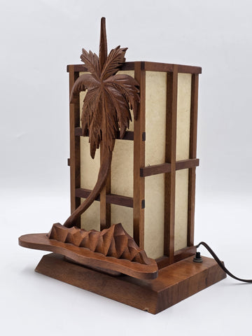 Vintage Mid Century Modern Carved Hawaiian Koa Wood Palm Tree Tiki Table Lamp