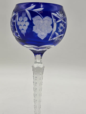 Nachtmann Saphire Blue Lead Crystal Wine Glass Grapes Floral Cut 8.5" Stemware