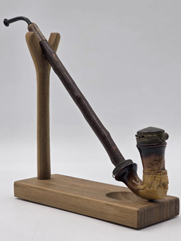 Antique C1890 German Figural Ceramic Tobacco Pipe Long Wood Stem Hinged Wind Cap