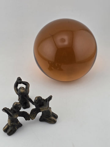 Vintage Amber Glass Crystal Ball Sphere w/ Brass Cherub Putti Base 4” Inch Dia.