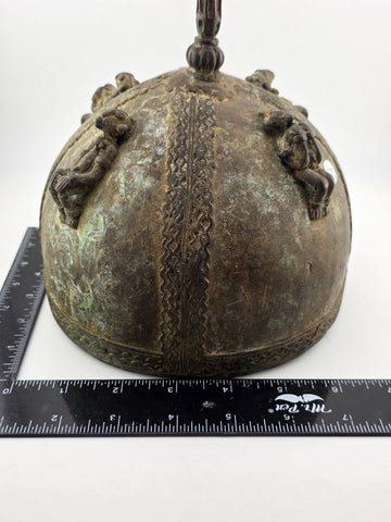 Early 20th C Luba Congo Bronze Ritual Vessel Lid w/ Figures African Tribal Art