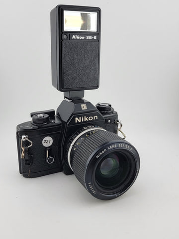 Nikon EM Film Camera + Series E Zoom 36-72mm F/3.5 Lens + Speedlight SB-E Flash