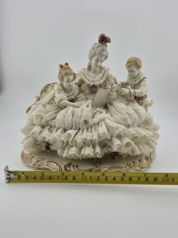 Large Dresden Art Germany Lace Porcelain Figurine Lady w Children W Sofa Reading